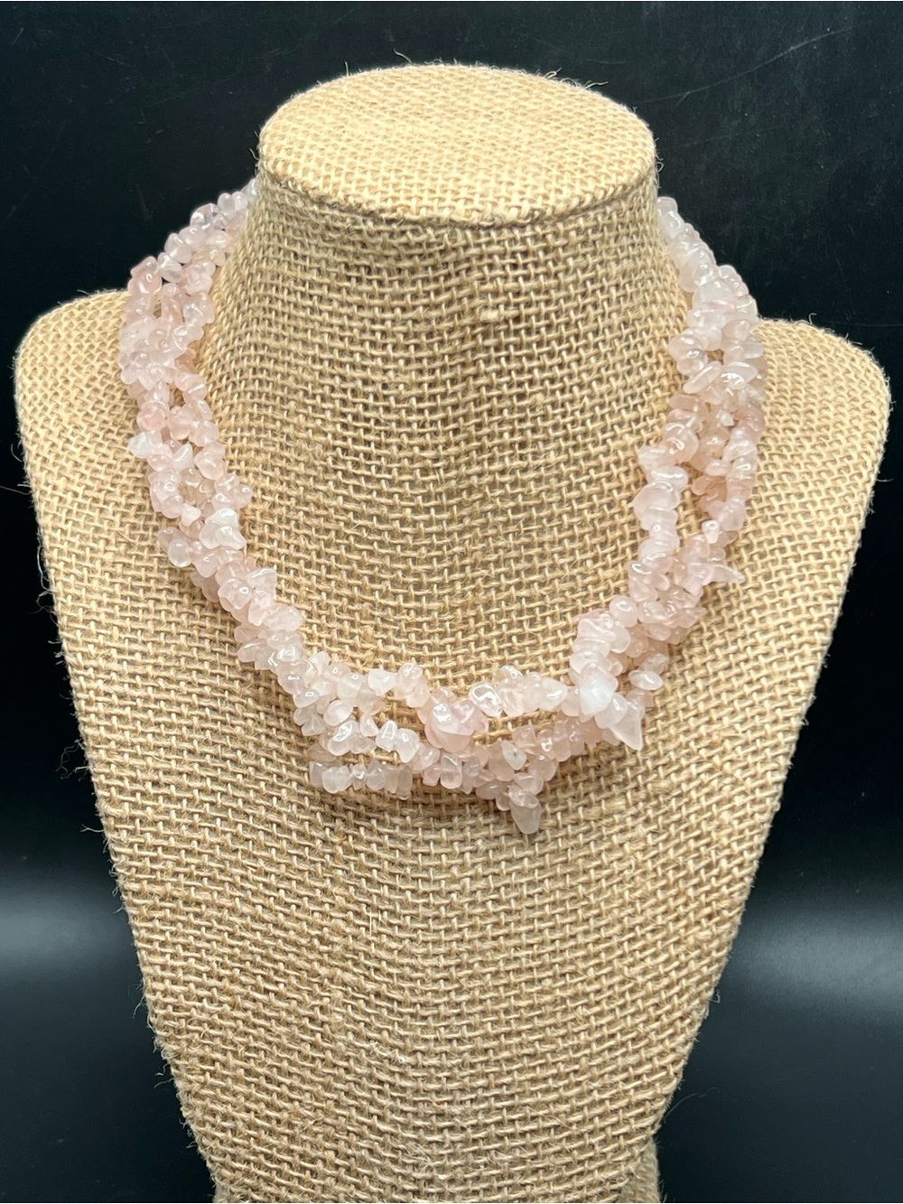 Natural Rose Quartz 3 Strand Chip Necklace Pink Gemstone Collar 15”